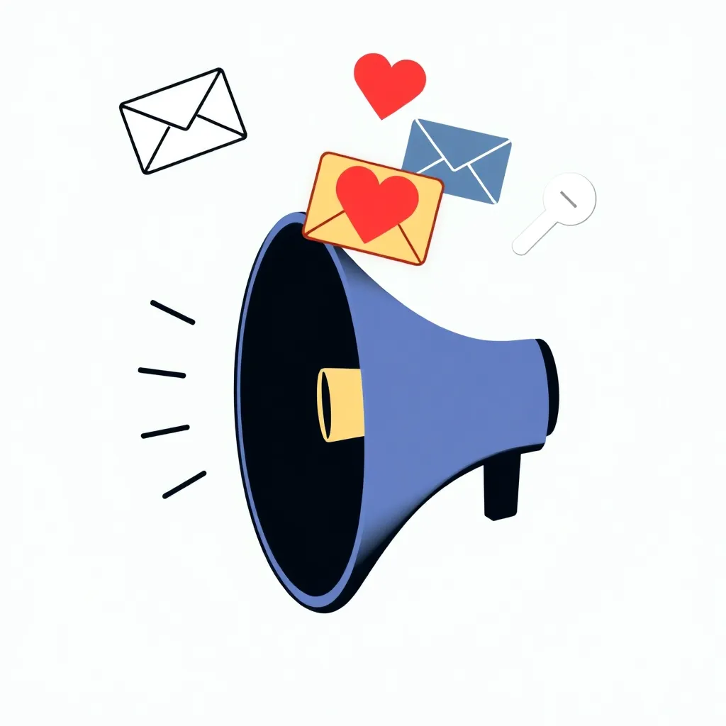 Illustration of a megaphone with floating icons of envelope, heart, and play button